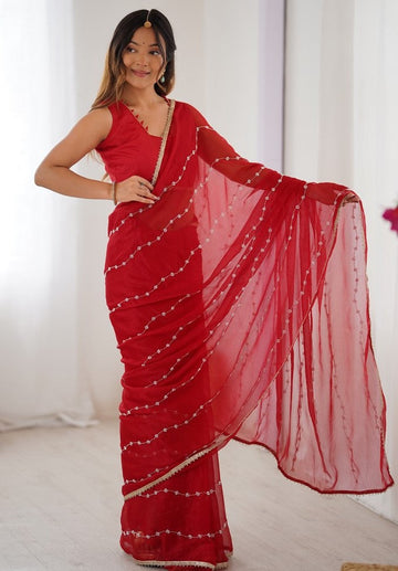Beauteous Red Color Chiffon Fabric Designer Saree