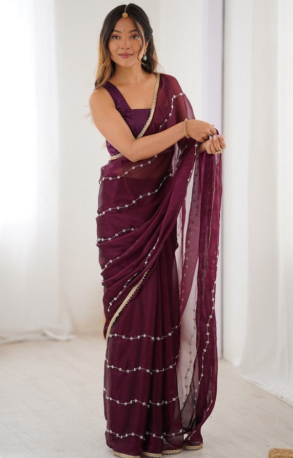 Beauteous Wine Color Chiffon Fabric Designer Saree