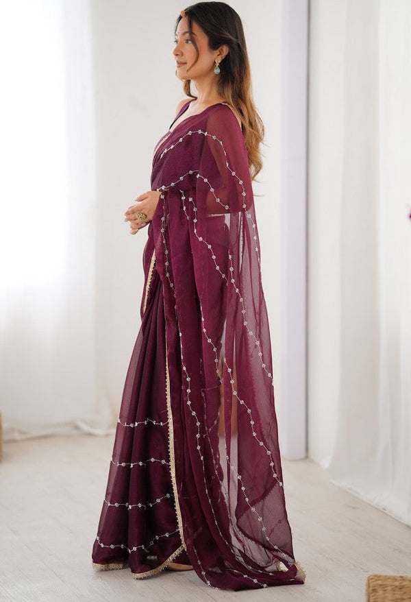 Beauteous Wine Color Chiffon Fabric Designer Saree