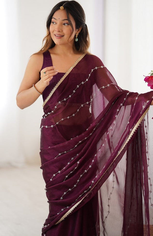 Beauteous Wine Color Chiffon Fabric Designer Saree