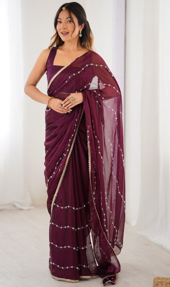 Beauteous Wine Color Chiffon Fabric Designer Saree
