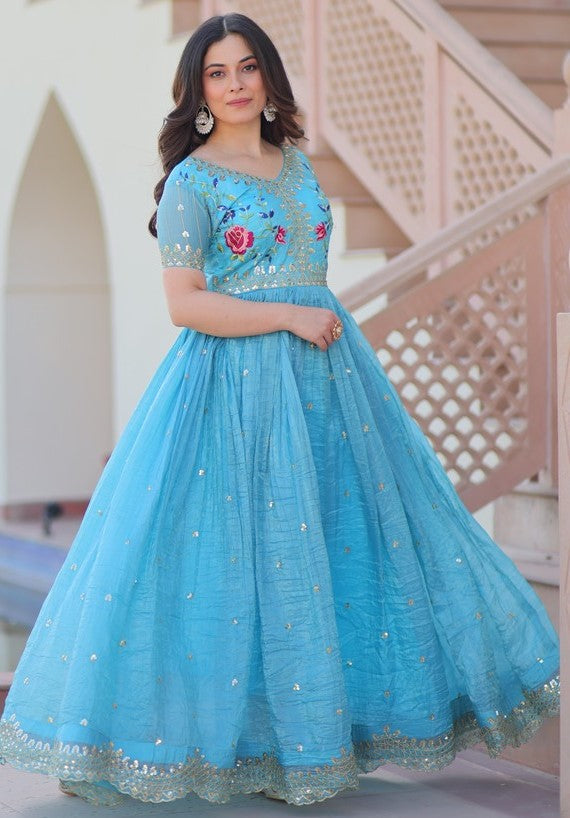 Dazzling Aqua Color Crush Fabric Gown