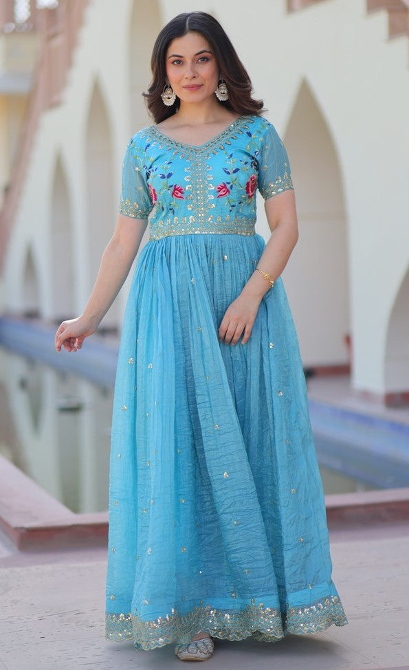 Dazzling Aqua Color Crush Fabric Gown