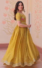 Dazzling Mustard Color Crush Fabric Gown