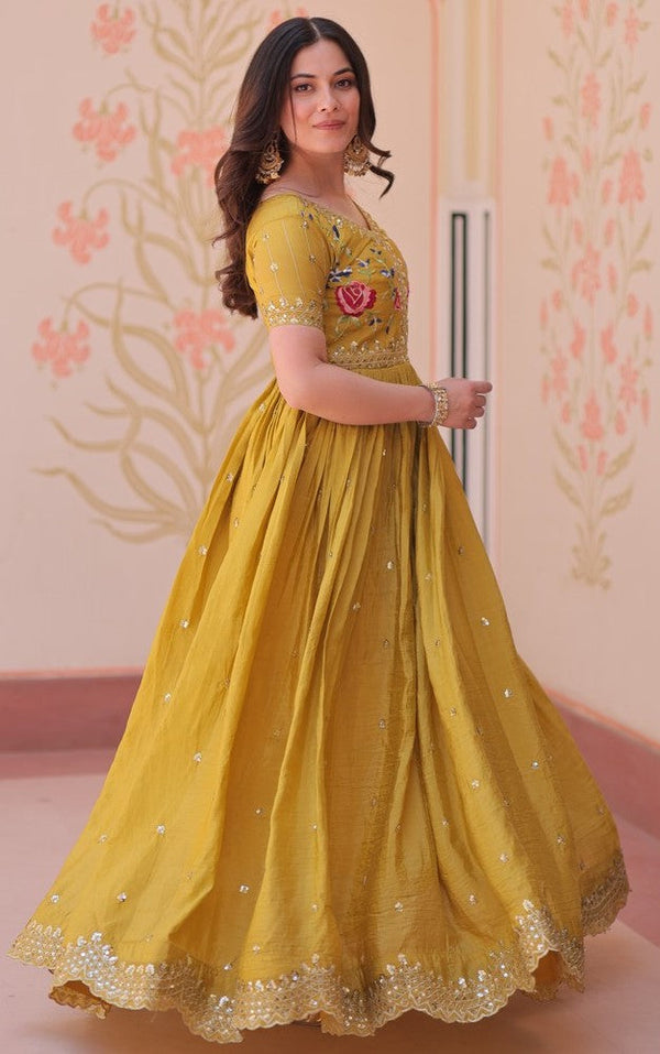 Dazzling Mustard Color Crush Fabric Gown