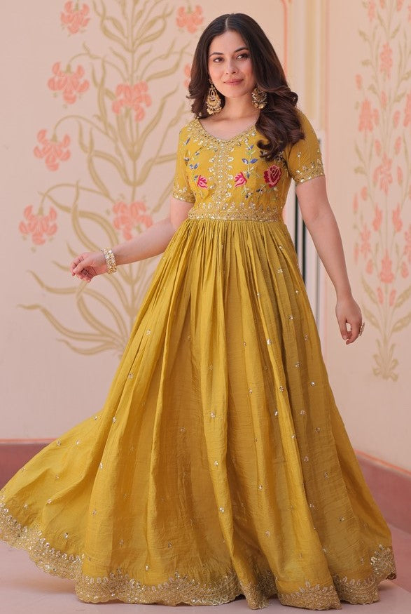 Dazzling Mustard Color Crush Fabric Gown