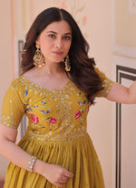 Dazzling Mustard Color Crush Fabric Gown