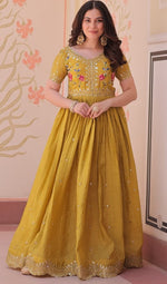 Dazzling Mustard Color Crush Fabric Gown