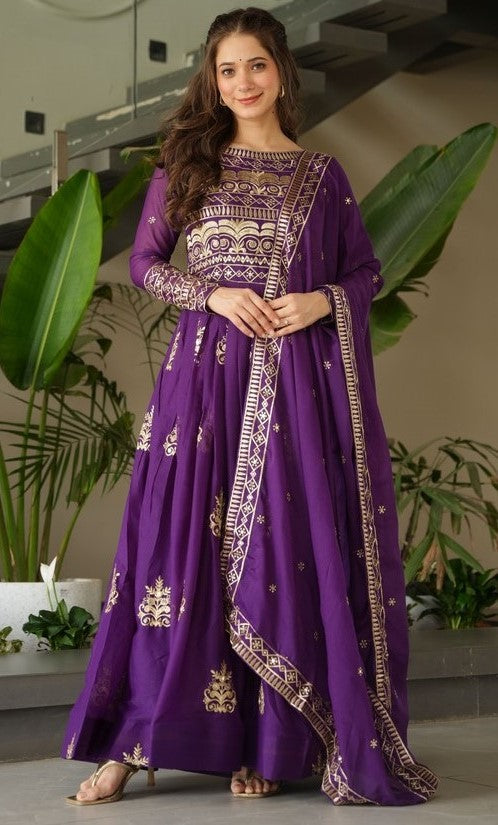 Amazing Purple Color Chinon Fabric Gown