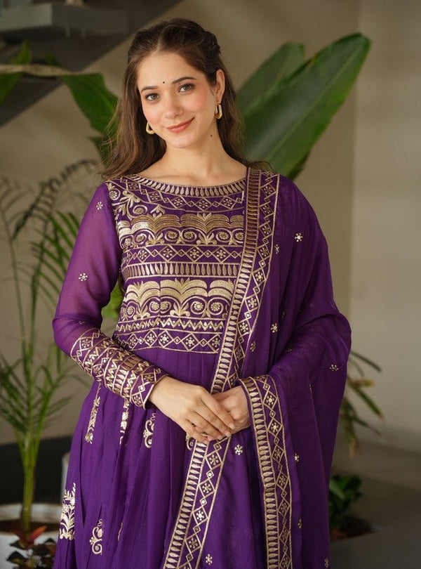 Amazing Purple Color Chinon Fabric Gown