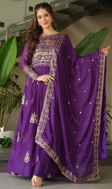 Amazing Purple Color Chinon Fabric Gown