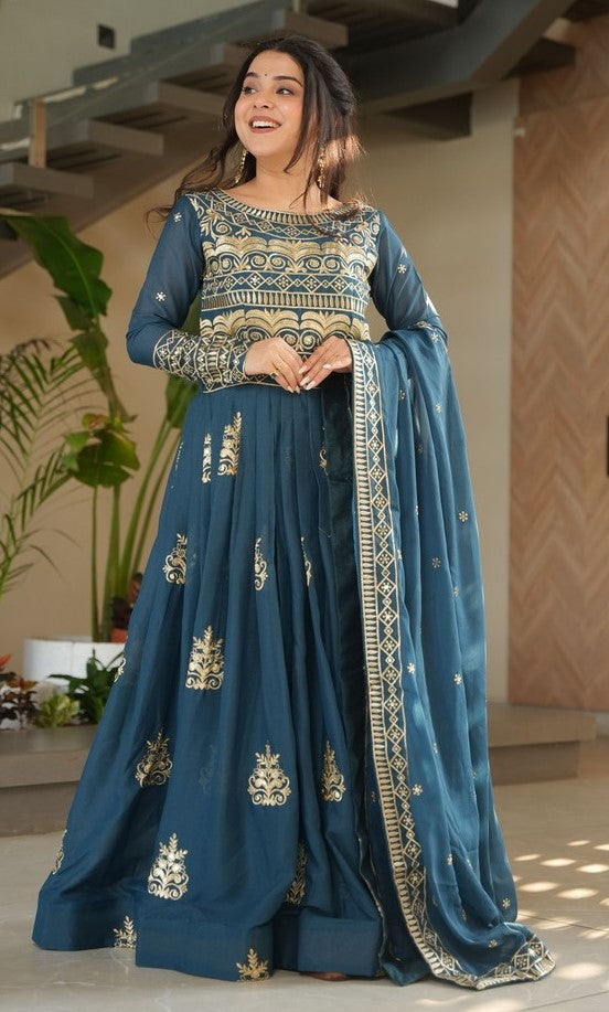 Amazing Teal Color Chinon Fabric Gown