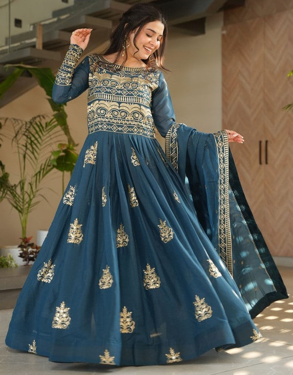 Amazing Teal Color Chinon Fabric Gown