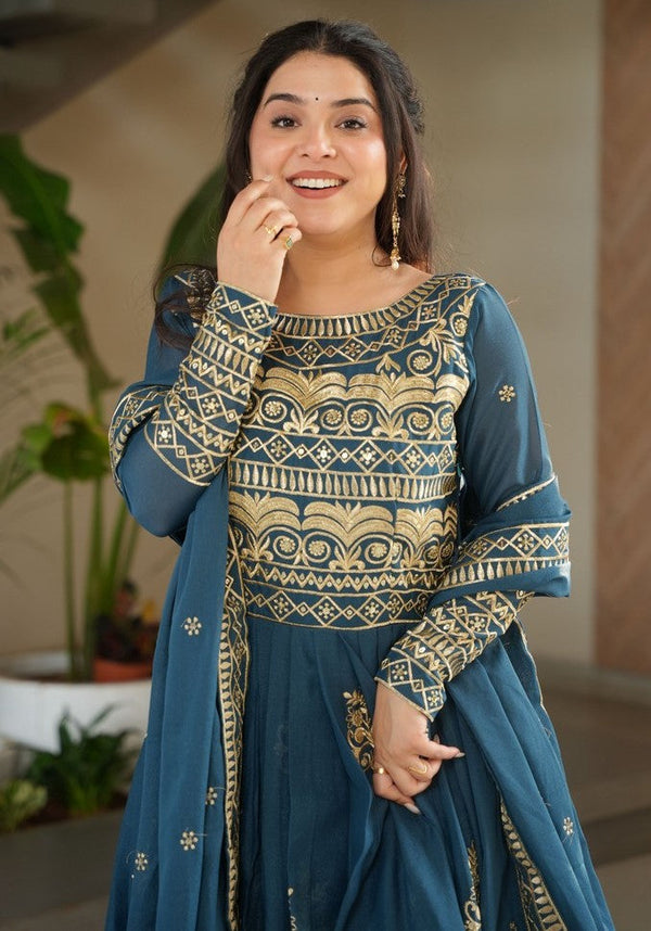 Amazing Teal Color Chinon Fabric Gown