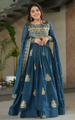Amazing Teal Color Chinon Fabric Gown