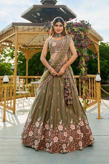 Striking Green Color Satin Fabric Party Wear Lehenga