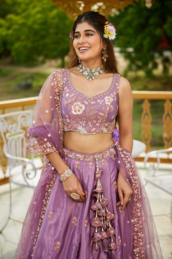 Striking Purple Color Satin Fabric Party Wear Lehenga