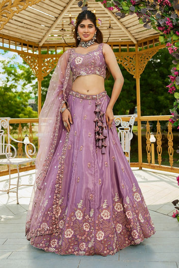 Striking Purple Color Satin Fabric Party Wear Lehenga