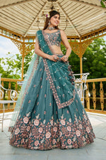 Striking Turquoise Color Satin Fabric Party Wear Lehenga