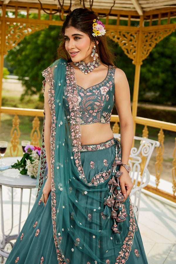 Striking Turquoise Color Satin Fabric Party Wear Lehenga