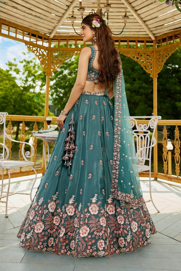 Striking Turquoise Color Satin Fabric Party Wear Lehenga