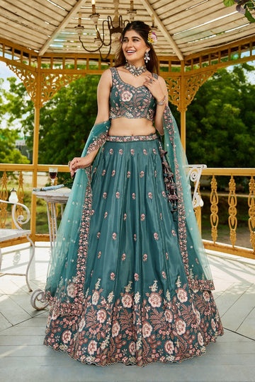 Striking Turquoise Color Satin Fabric Party Wear Lehenga