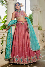 Striking Peach Color Satin Fabric Party Wear Lehenga