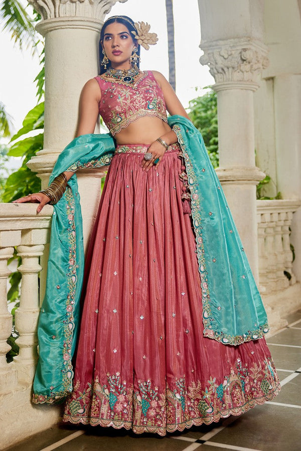 Striking Peach Color Satin Fabric Party Wear Lehenga