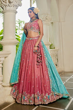 Striking Peach Color Satin Fabric Party Wear Lehenga