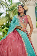 Striking Peach Color Satin Fabric Party Wear Lehenga