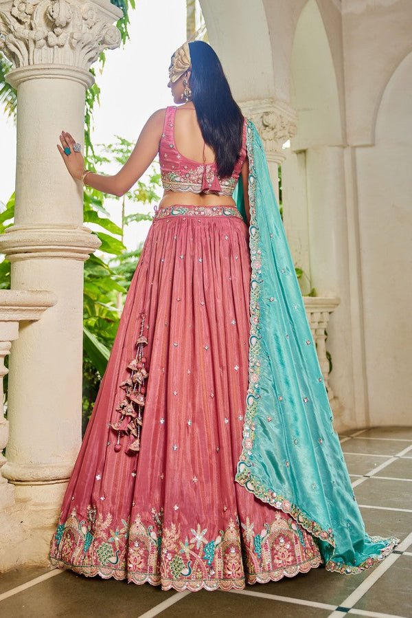 Striking Peach Color Satin Fabric Party Wear Lehenga