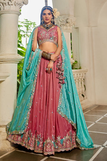 Striking Peach Color Satin Fabric Party Wear Lehenga