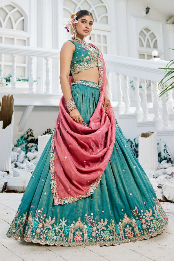 Striking Turquoise Color Satin Fabric Party Wear Lehenga
