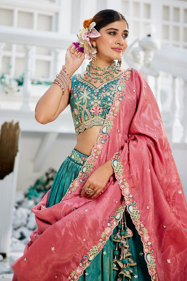 Striking Turquoise Color Satin Fabric Party Wear Lehenga