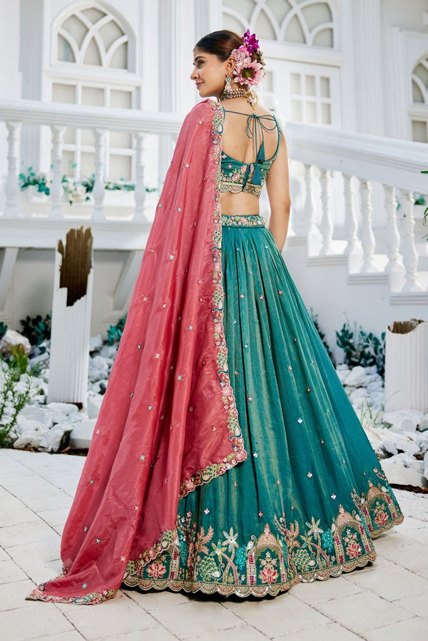 Striking Turquoise Color Satin Fabric Party Wear Lehenga