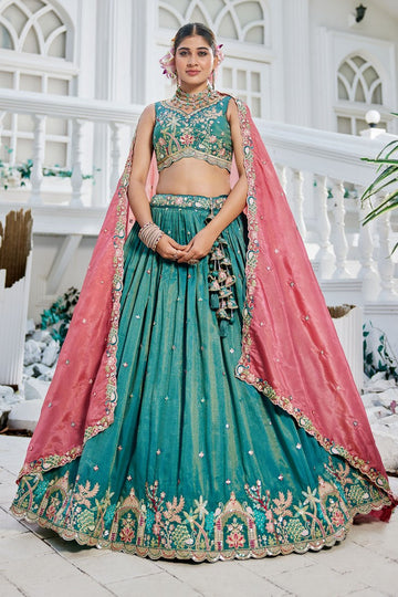 Striking Turquoise Color Satin Fabric Party Wear Lehenga
