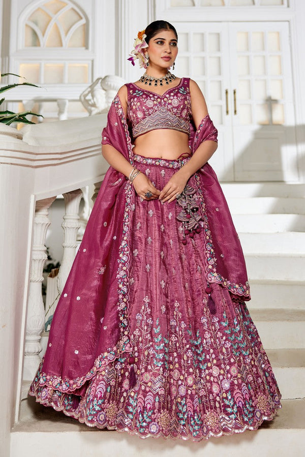 Striking Wine Color Tissue Fabric Party Wear Lehenga