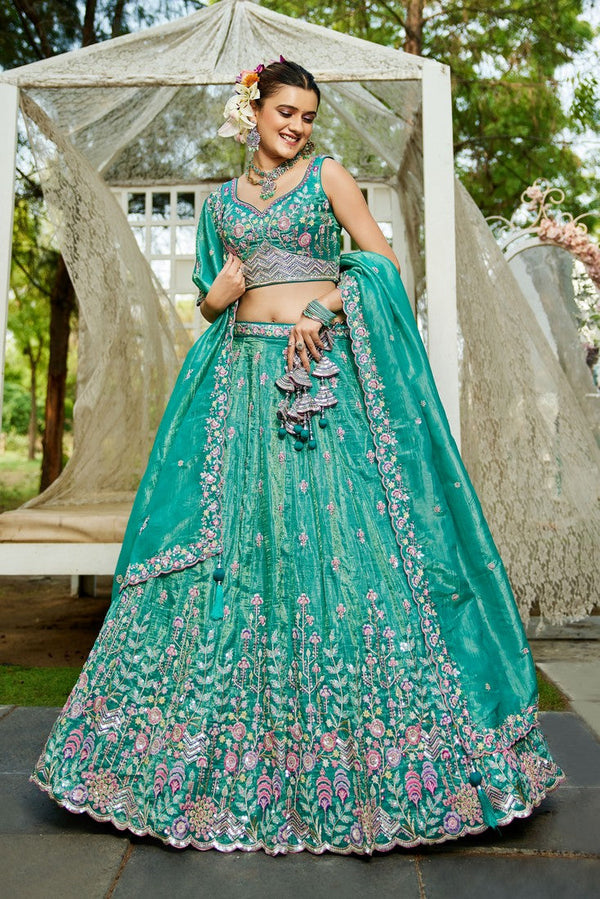 Striking Turquoise Color Tissue Fabric Party Wear Lehenga