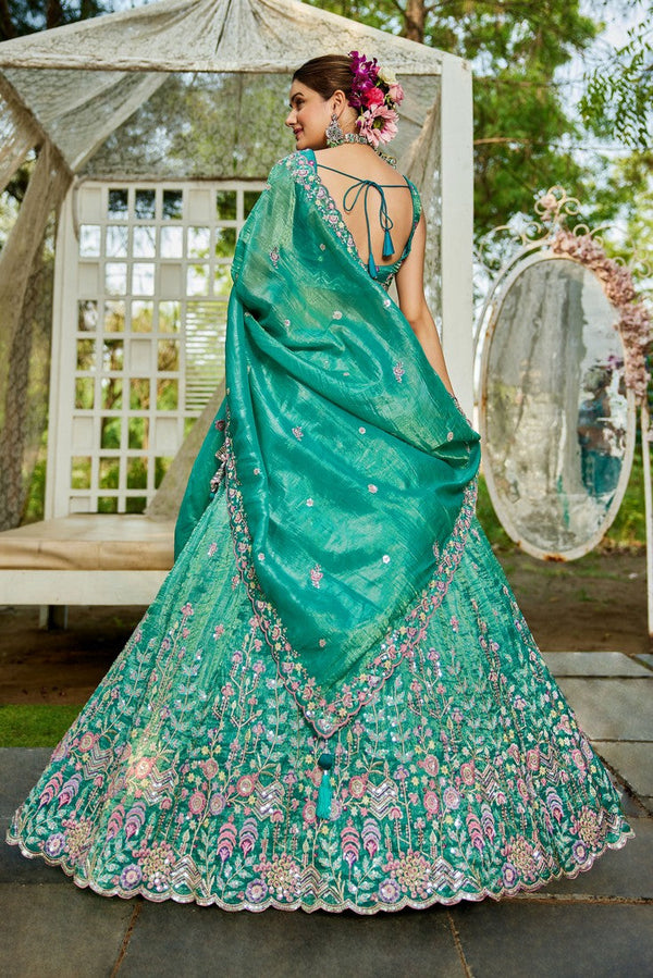 Striking Turquoise Color Tissue Fabric Party Wear Lehenga