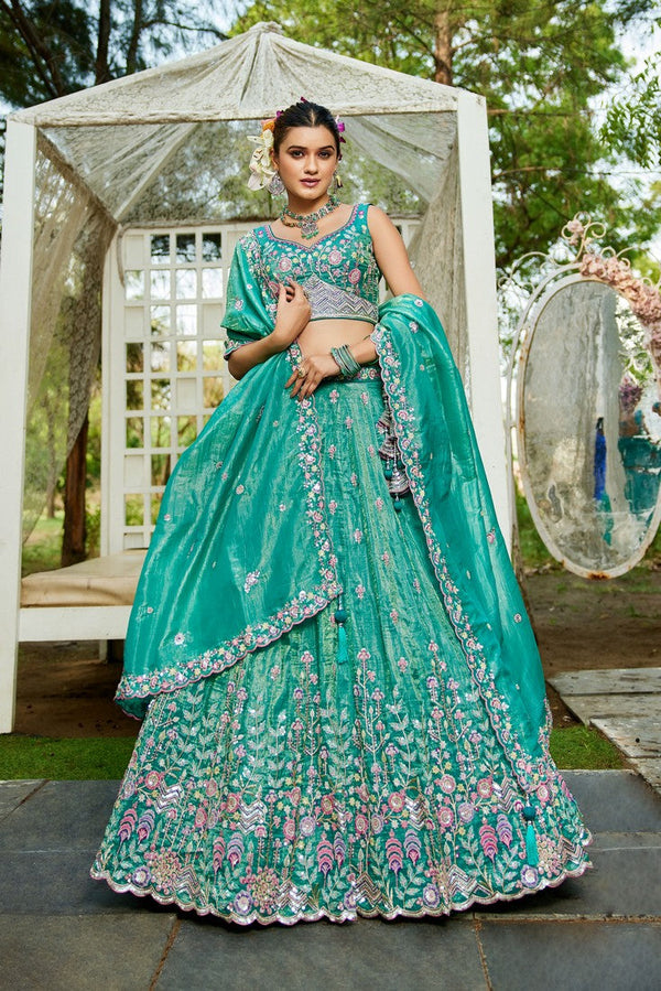 Striking Turquoise Color Tissue Fabric Party Wear Lehenga