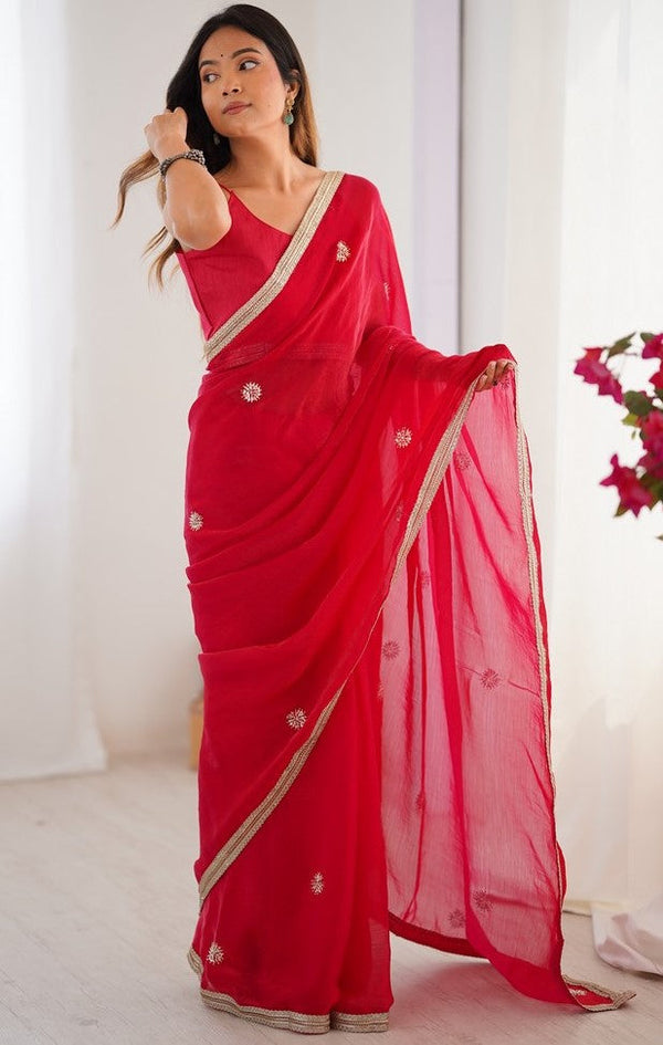 Superb Red Color Fandy Fabric Designer Saree