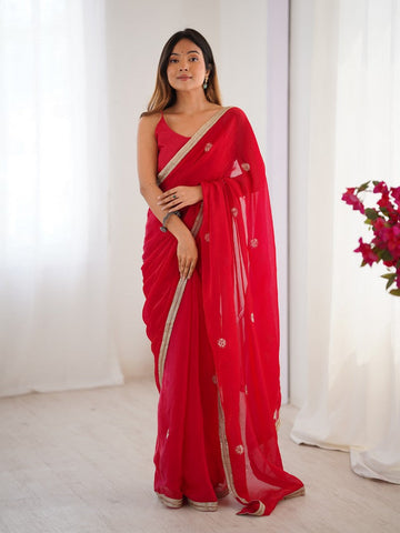 Superb Red Color Fandy Fabric Designer Saree