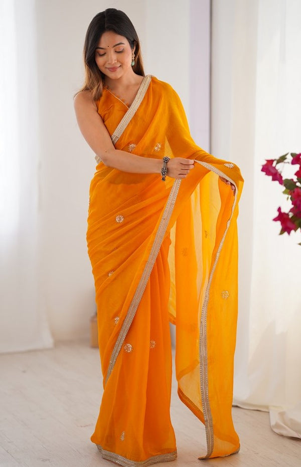 Superb Yellow Color Fandy Fabric Designer Saree