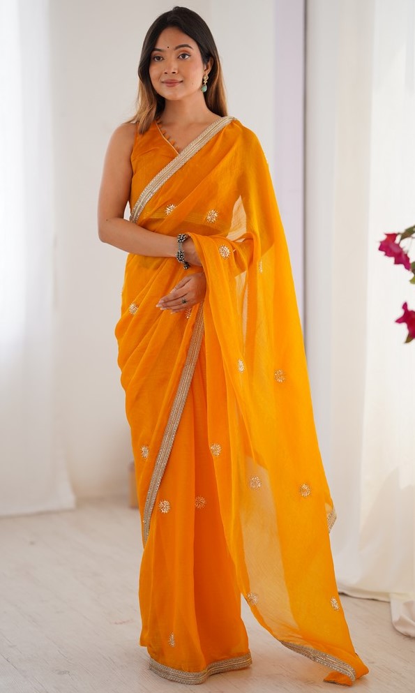 Superb Yellow Color Fandy Fabric Designer Saree