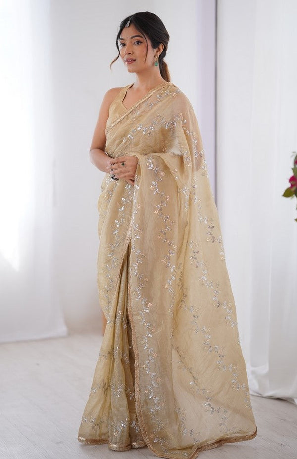 Amazing Beige Color Crush Fabric Designer Saree