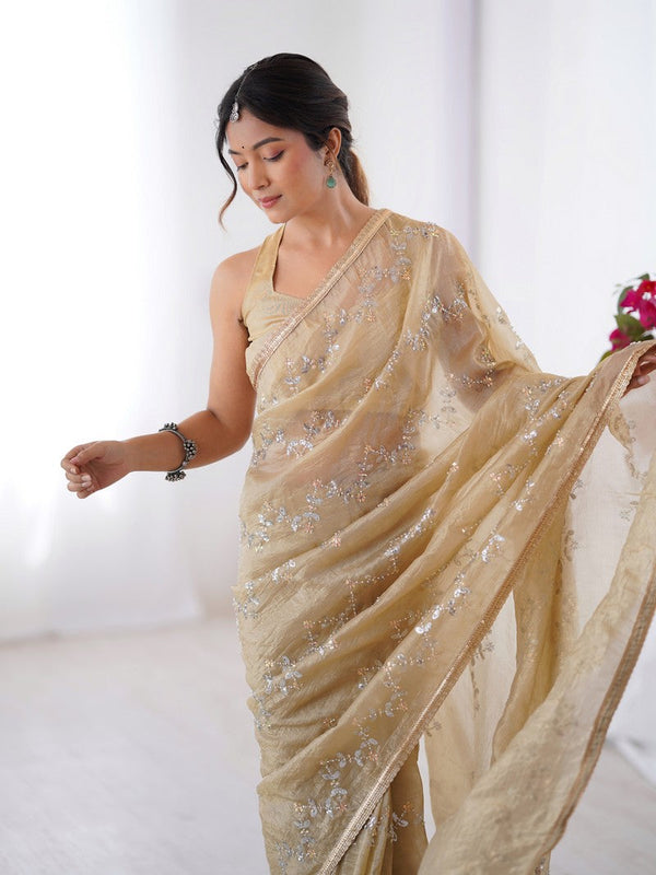 Amazing Beige Color Crush Fabric Designer Saree