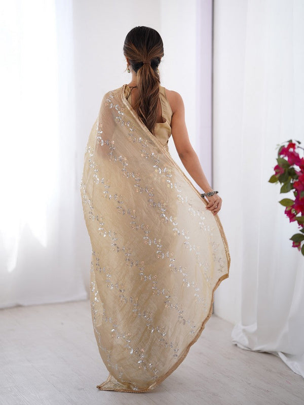 Amazing Beige Color Crush Fabric Designer Saree