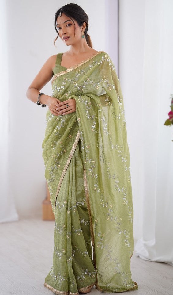 Amazing Green Color Crush Fabric Designer Saree