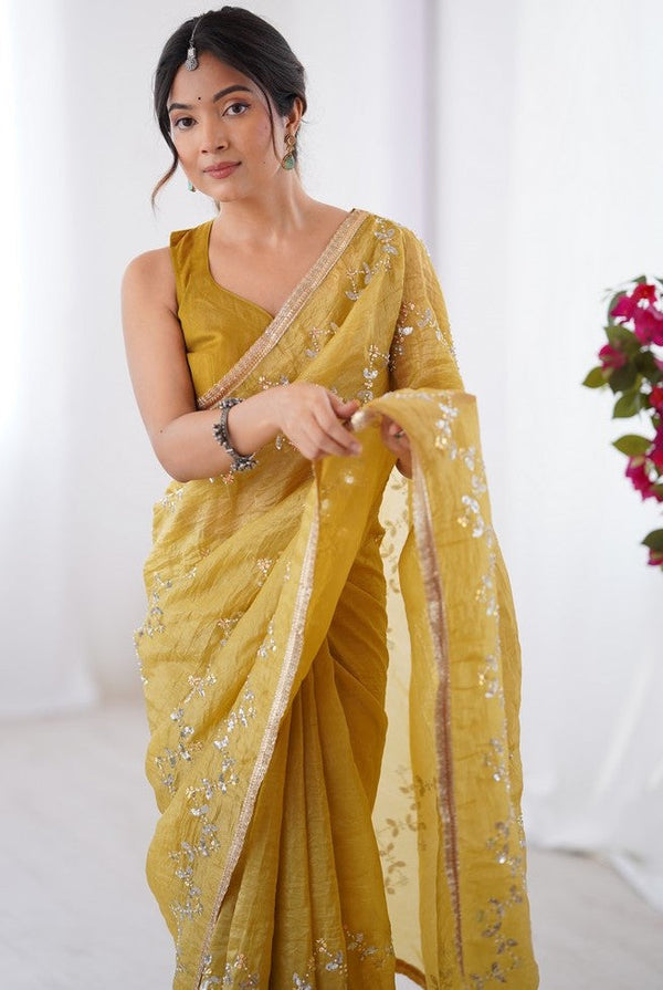 Amazing Mustard Color Crush Fabric Designer Saree