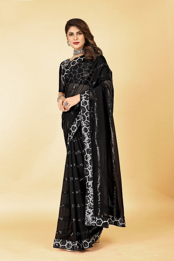 Lovely Black Color Georgette Fabric Designer Saree